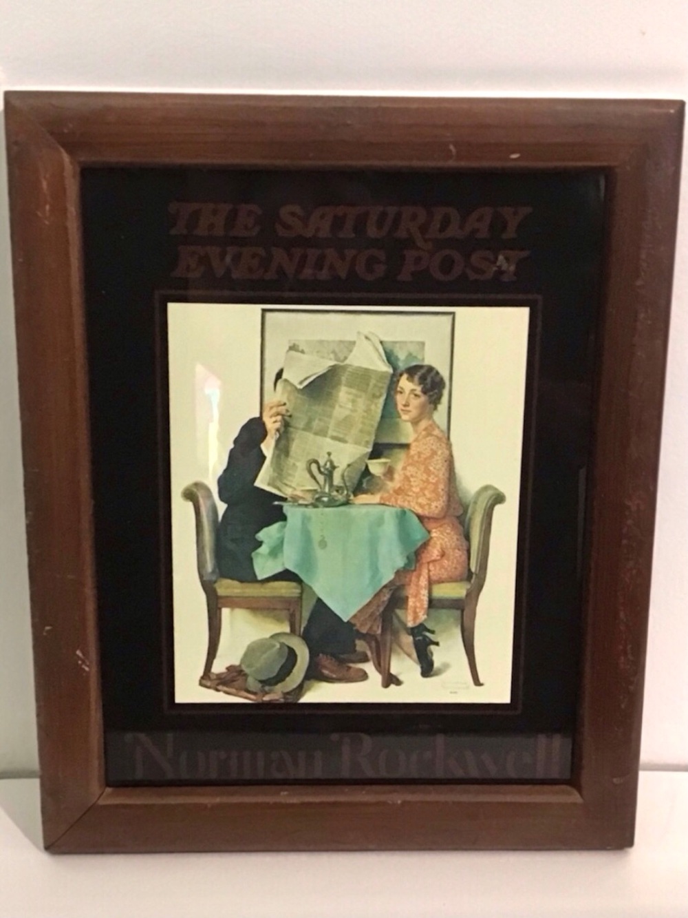 Vintage NORMAN ROCKWELL Wood Framed Art Print The Breakfast Table 9.5”x11.5”